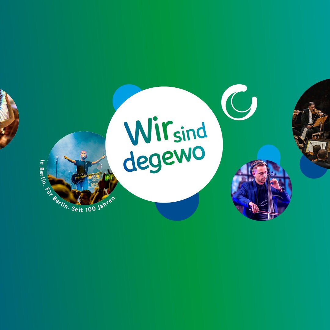 Grafische Darstellung mit dem Schriftzug „Wir sind degewo“ in einem Kreis, umgeben von runden Bildausschnitten mit Personen bei kulturellen und sportlichen Aktivitäten auf grün-blauem Hintergrund.