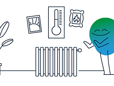 Illustration der degewo-Erklärfigur Kalle, die vor einer Heizung in einer Wohnung steht und sich die Hände wärmt. 