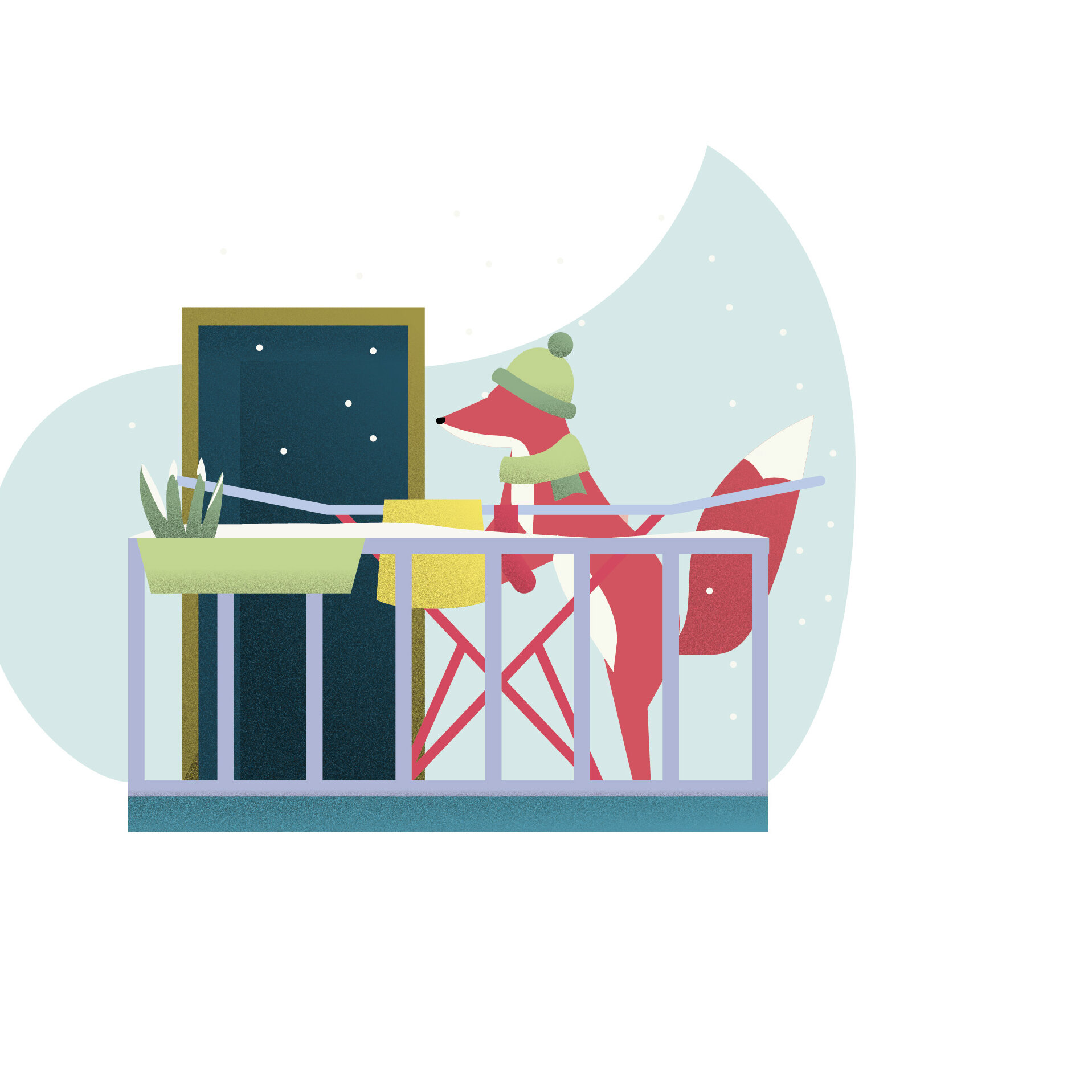 Illustration eines Fuchses mit Mütze und Schal auf einem Balkon im Winter. Neben ihm stehen Pflanze und Tisch, im Hintergrund fällt Schnee.