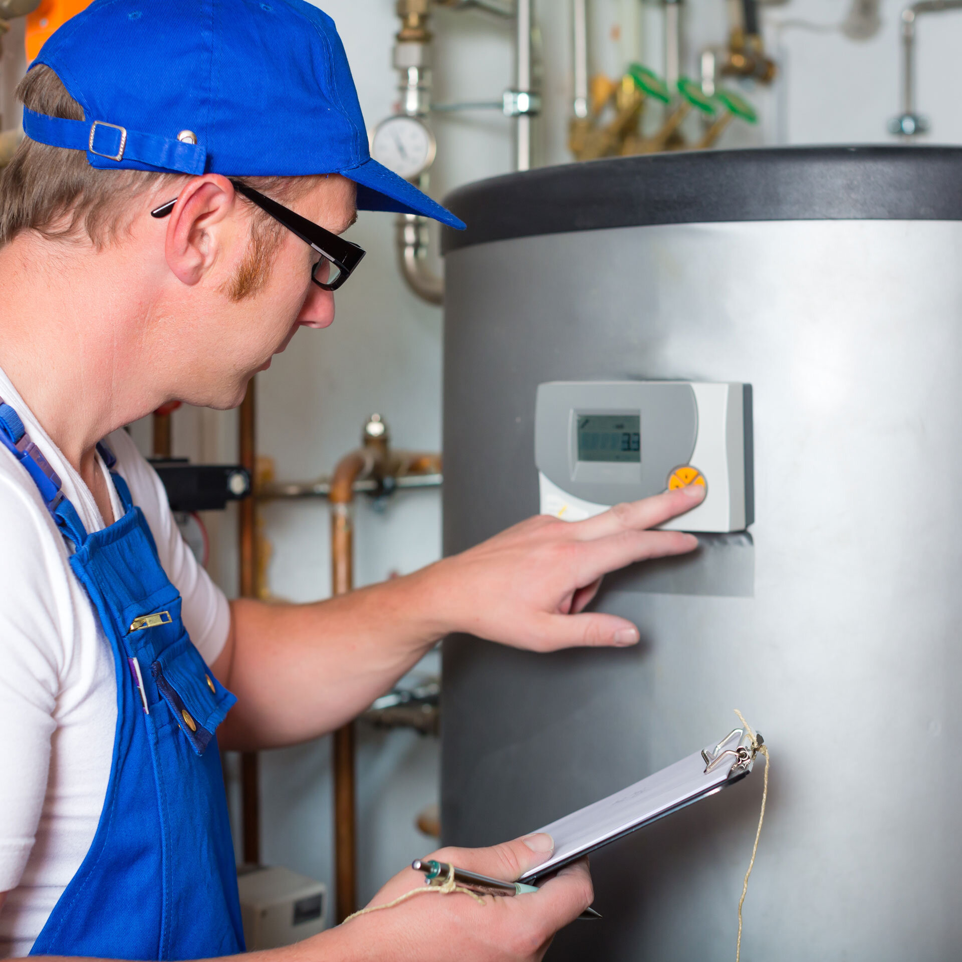Techniker in Arbeitskleidung überprüft eine Heizungs- oder Warmwasseranlage und bedient das digitale Steuerungselement; in der Hand hält er ein Klemmbrett.