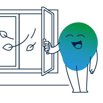 Illustration der degewo-Erklärfigur Kalle, die vor einem offenen Fenster steht, um zu lüften.