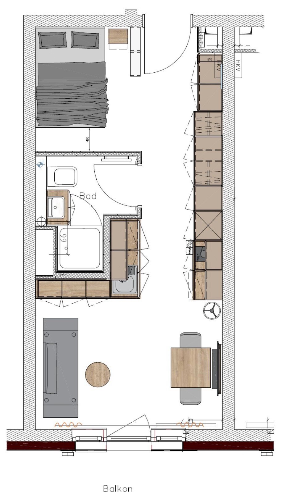 Grundrisszeichnung eines Einzimmerapartments mit kombiniertem Wohn- und Schlafbereich, Küchenzeile entlang der Wand, separatem Badezimmer, Balkonzugang und eingezeichneten Möbeln.